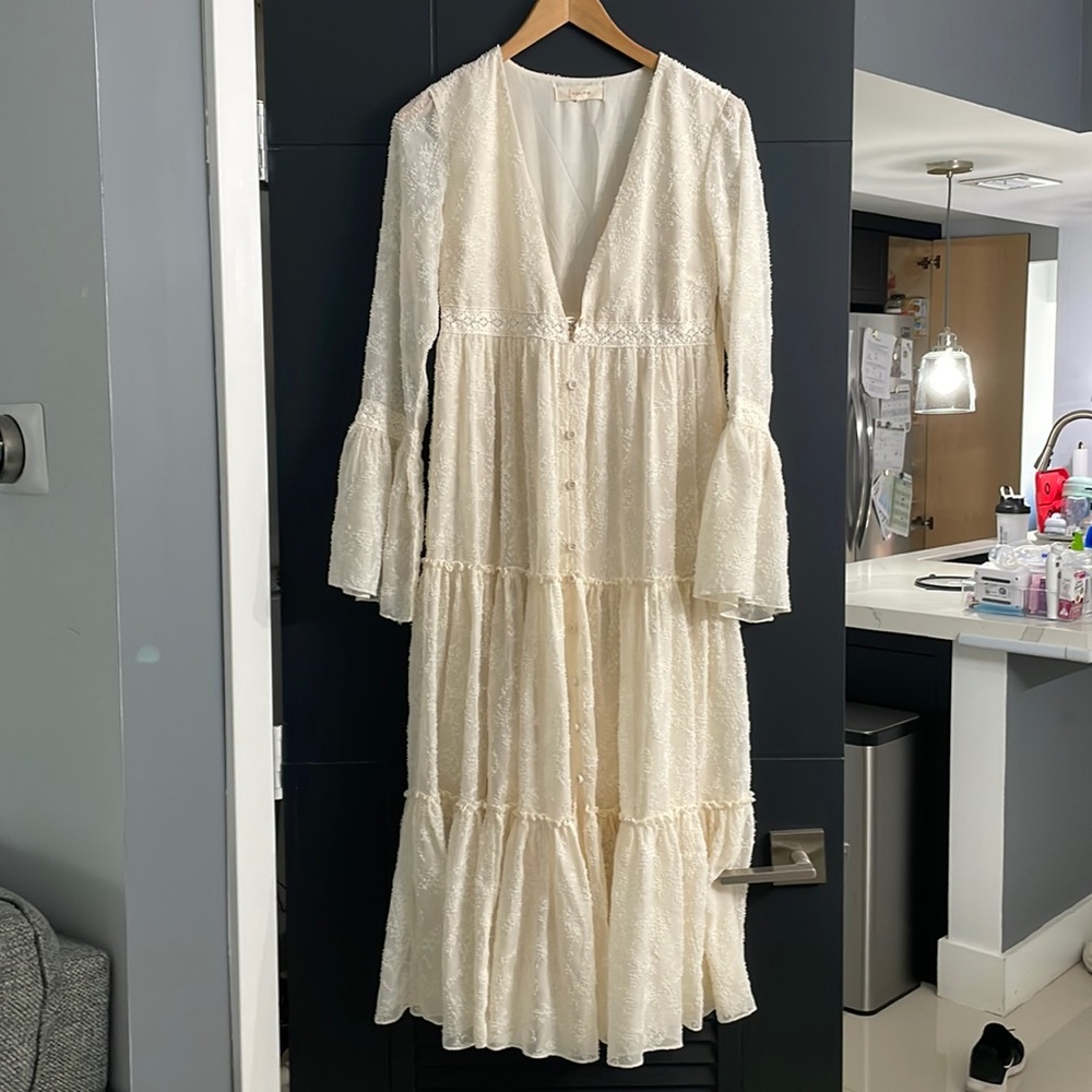 Bohemian Franco sheer white beige flowy ruffle button crochet dress size small